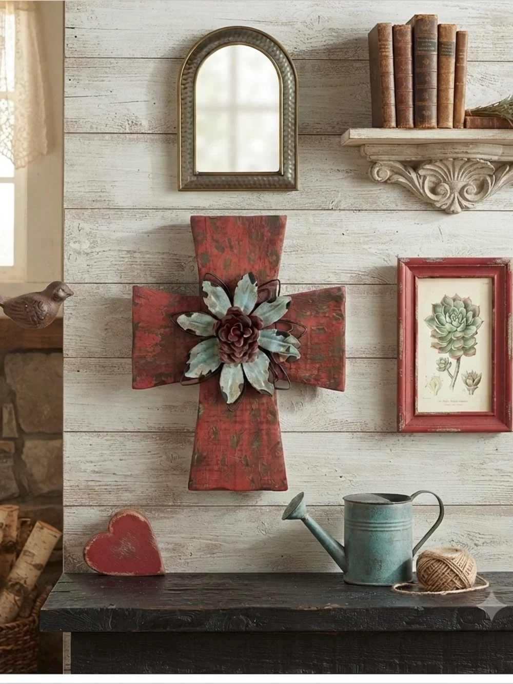 Rustic Red Wooden Cross with Recycled Metal Flower Farmhouse Style